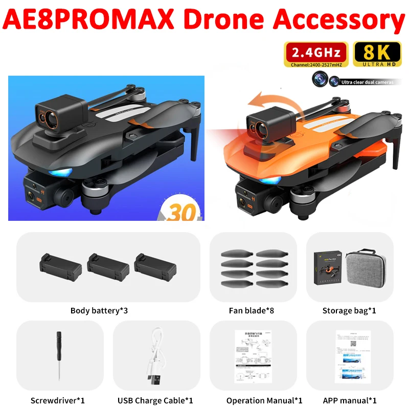 AE8 Pro Max Drone Obstacle Avoidance Folding Quadcopter Original Accessory Propeller Props Battery USB Charger AE8ProMax Part