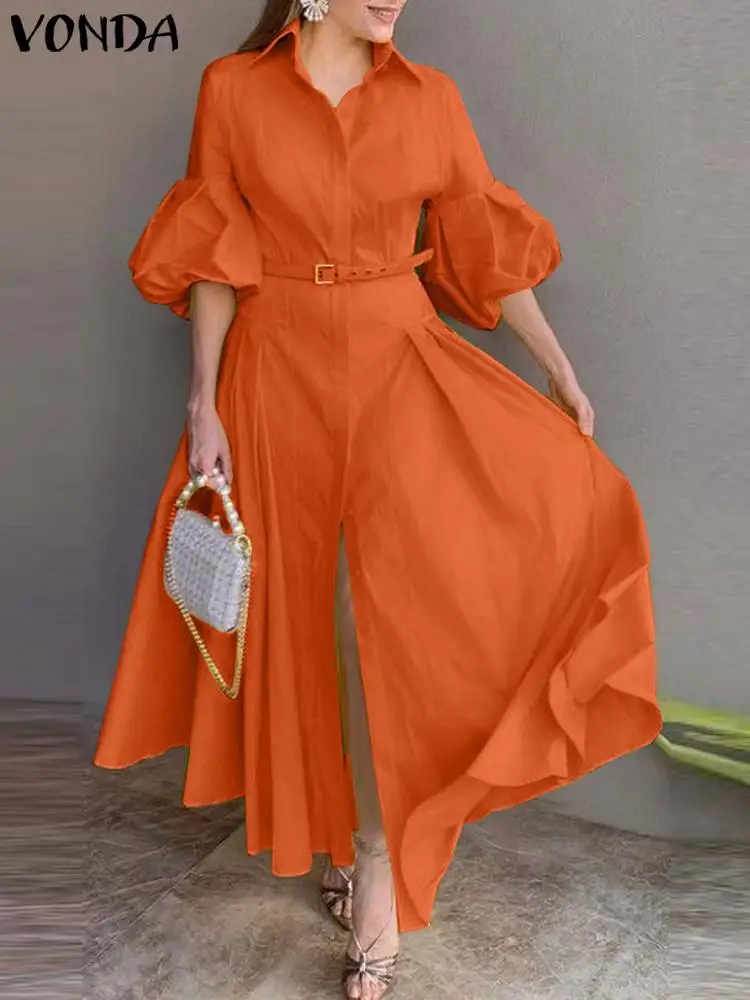 VONDA 2023 Autumn Elegant Maxi Dress Women Lantern Sleeve Buttons Big Swing Party Shirt Sundress Casual Solid Color Robe Femme