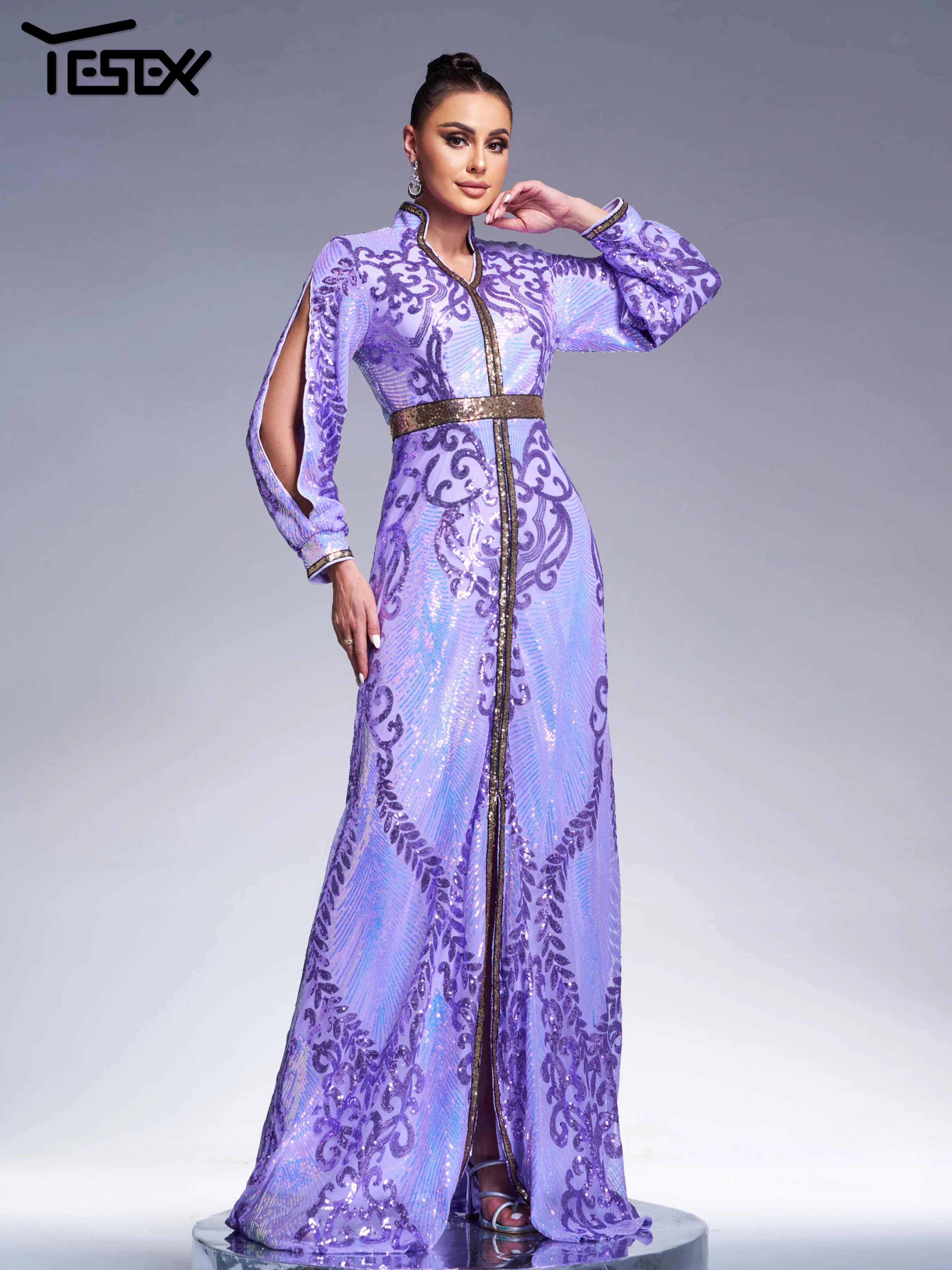 Yesexy New Purple Church Dress V Neck Sequin Evening Gown Muslim Ethnic Prom Wedding Birthday Party Formal Occasion Dresses