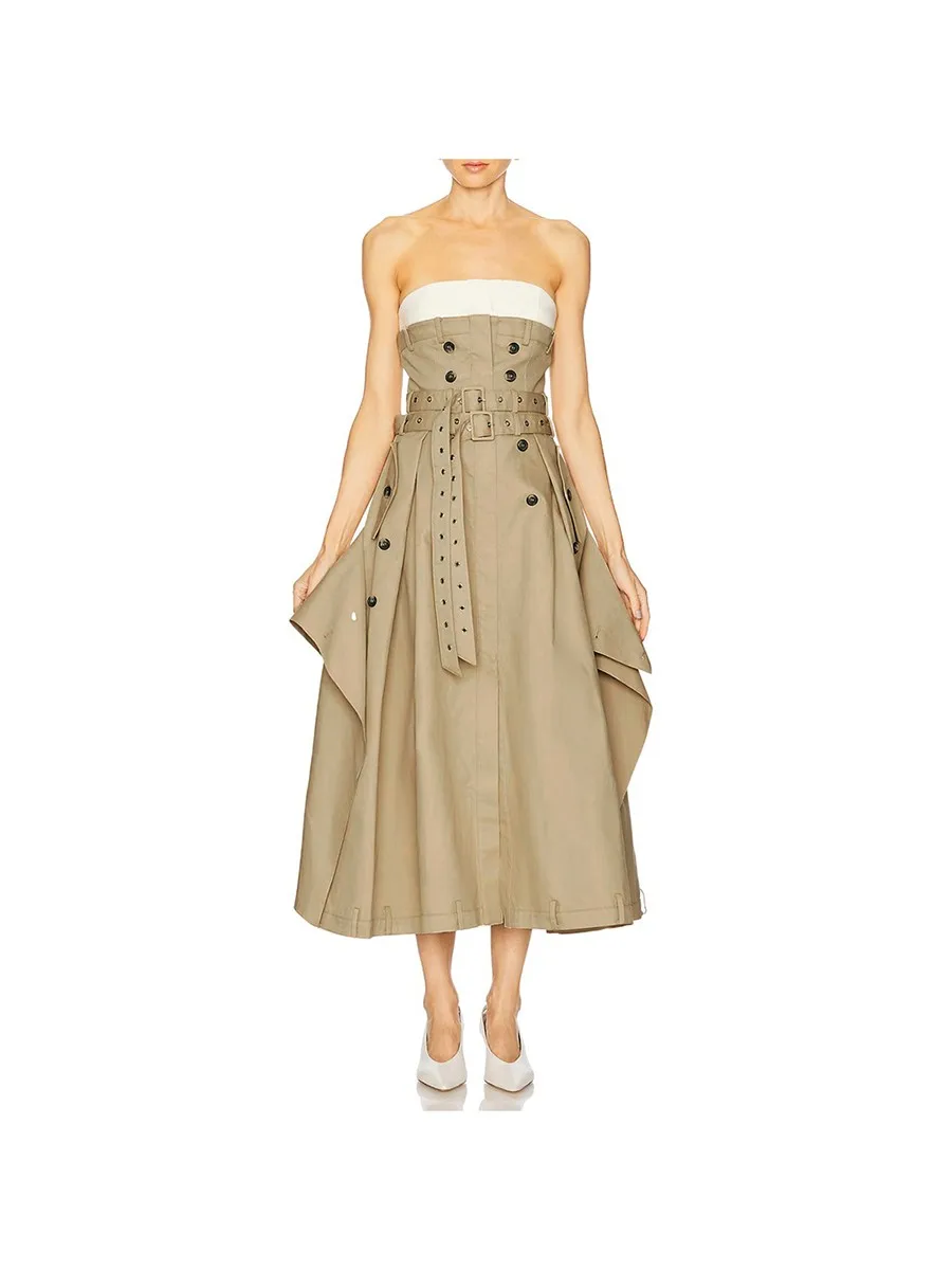 

Spliced Button Slimming Dresses forWomen Strapless Sleeveless High Waist Temperament Dress Fashionchouveautés manteaux et vestes