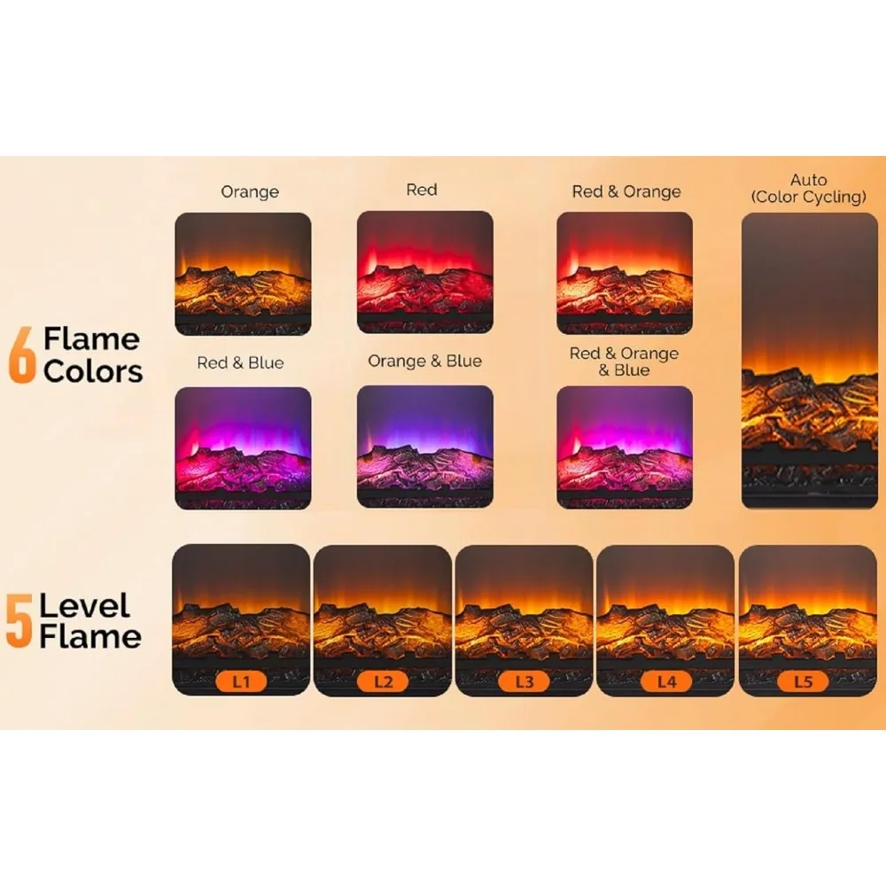 ROVSUN 18 Electric Fireplace Inserts with Remote Control, 1400W Recessed Stove Heater with 8H Timer, 6 Flame Colors, 5 Brightnes