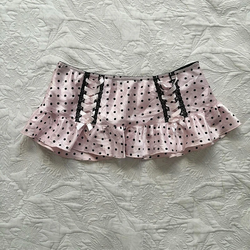 Women's Mini Skirt vintage Y2K Emo Girl Punk Streetwear Harajuku Hip Hop Cute Lace Bow Rock Casual Chic Pink Dot sexy Mini Skirt