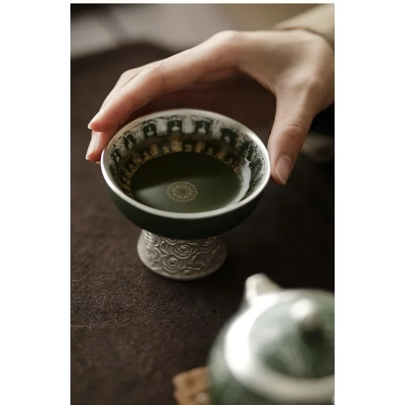 Dunhuang Silver Plated High Foot Tea CupThousand Buddha Pattern Gift Box for Parents Friends Home Office Zen Porcelain Kung Fu