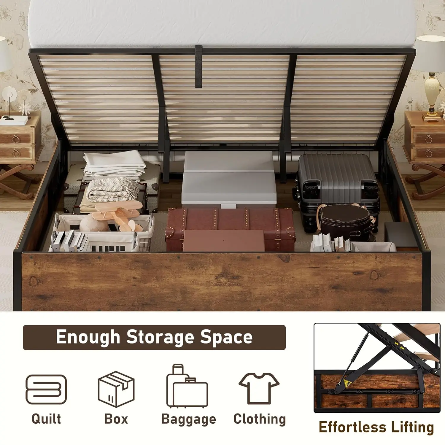King Lift Up Storage Bed Frame Wooden Slats Platform Underneath Space No Box Spring Quiet Rustic Brown, Customized view 5