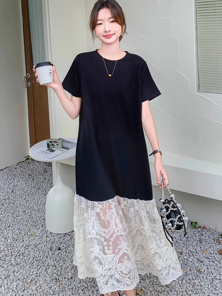 Zomer Ele Gentle Lady Sle rond Ne ort Sve Dr Kanten splitsen Veelzijdig T-shirt Dr Comfortabele polyestervezel