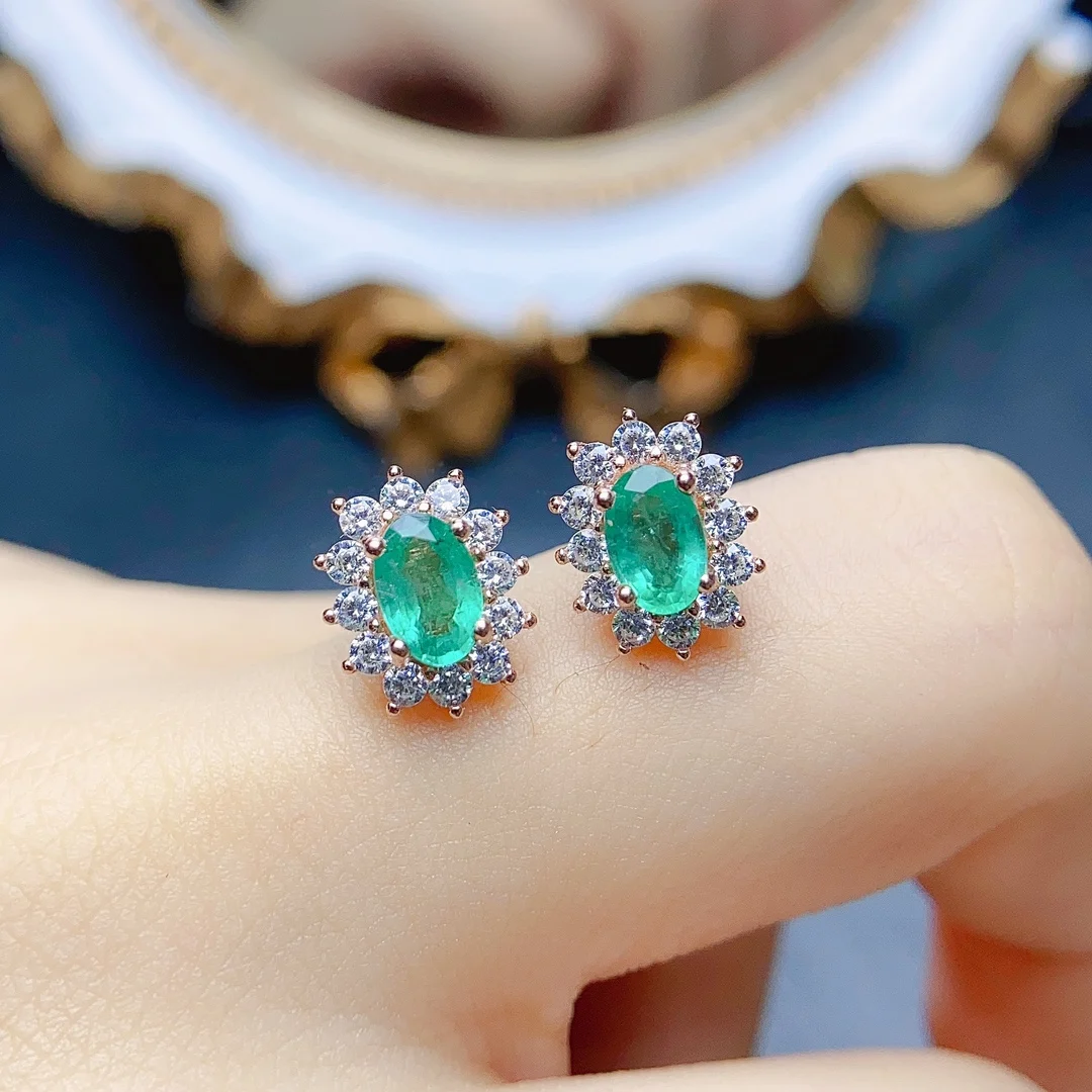 FS S925 Sterling Silver Inlay 4*6mm Natural Emerald Earrings for Women Fine Fashion Charm Weddings Jewelry Certificate MeiBaPJ