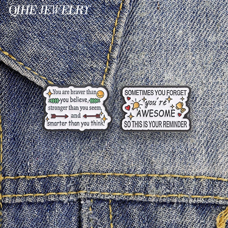 Reminder You're Awesome Enamel Pin Cartoon Motivational Quotes You Are Braver Stronger Smarter Brooches Bags Lapel Badge Jewelry