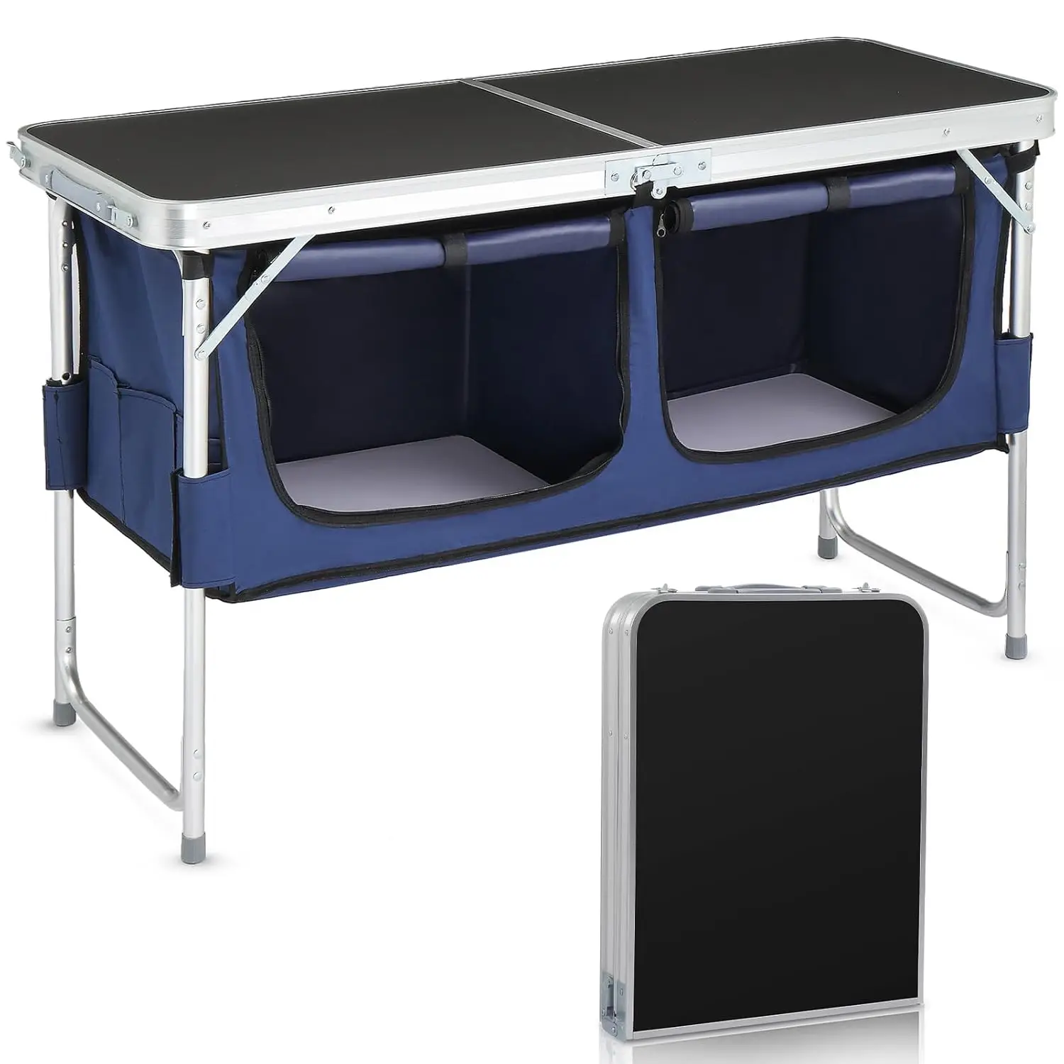 

4 Ft Folding Table, Aluminum Camping Table, Picnic Table with Storage, Adjustable Height for Outdoor Beach BBQ, Customized