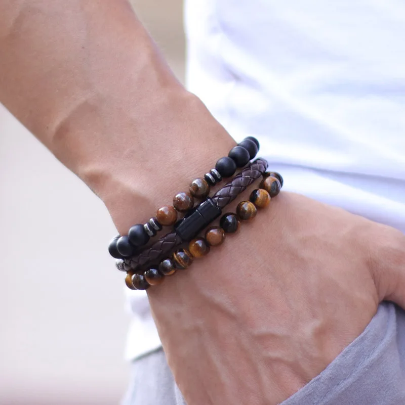 Noter 3pcs Men Bracelet Set 8mm Natural Onyx Tiger Eyes Stone Braclet Homme Magentic Clasp Leather Braslet Pulsera Hombre Gift