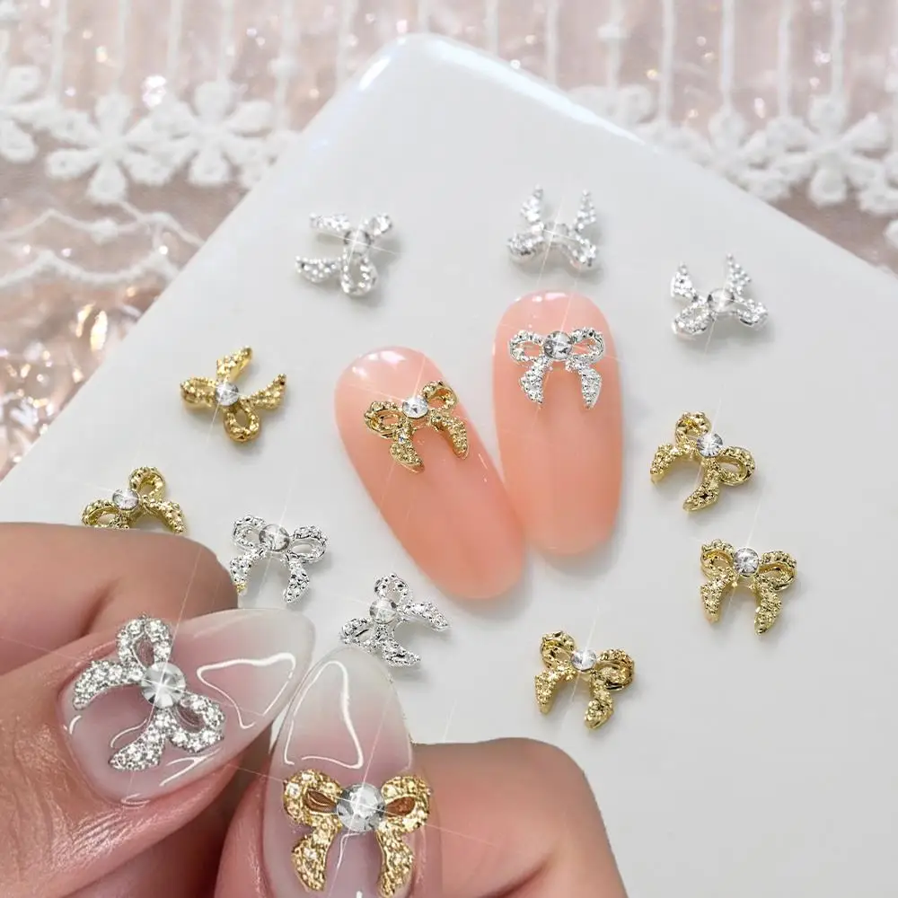 10 قطع من زينة الأظافر ثلاثية الأبعاد على شكل فيونكة فاخرة، ذهبية وفضية مرصعة بالألماس، زخارف معدنية للأظافر على شكل فيونكة، إكسسوارات للمانيكير