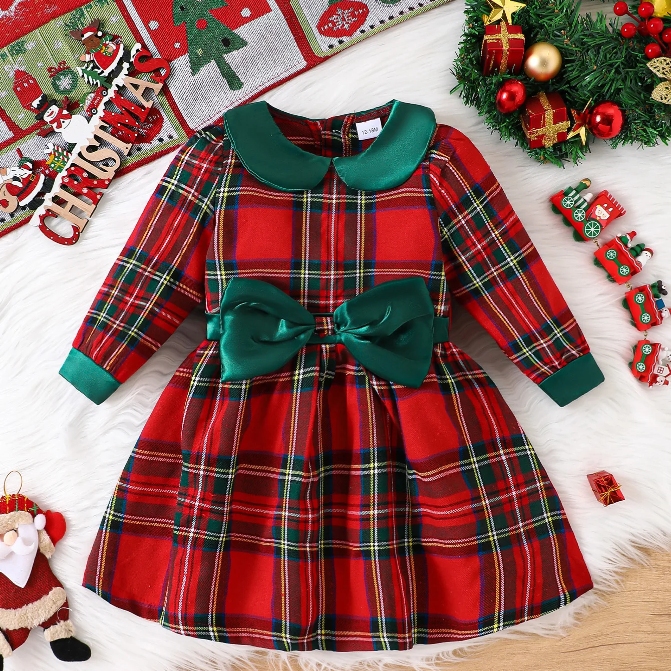 

Christmas Baby Girls Clothes Red Plaid Long Sleeve Doll Collar Bow Ruffle High Waist Fall Christmas Dress Party Dresses