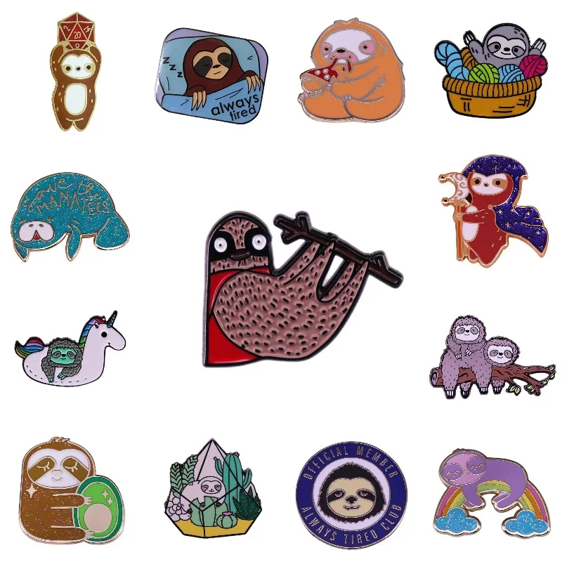 Hard Enamel Pins Always Tired Sleep Sloth Manatee Metal Brooches Women Men Lapel Badge Bag Denim Jacket Decoration Jewelry Gifts