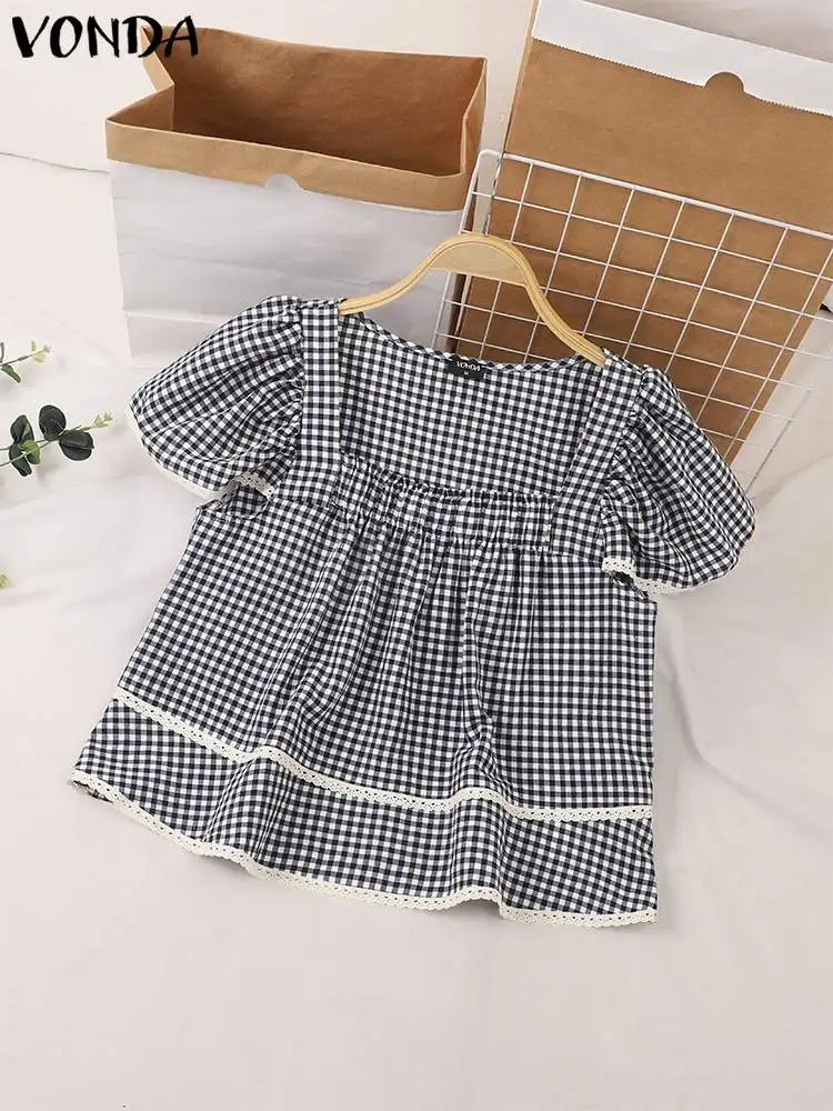 VONDA 2024 Vintage Summer Blouses Fashion Women Sqaure Collar Plaid Tunic Tops Short Puff Sleeve Casual Loose Lace Ruffled Shirt