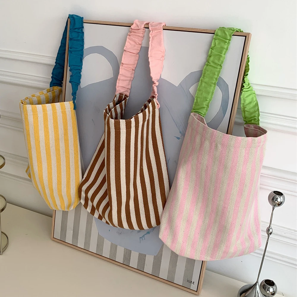 

ISKYBOB Contrast Color Ladies Stripe Shoulder Bags Large Canvas Tote College Girls Book Bag Casual Ladies Travel Handbags New
