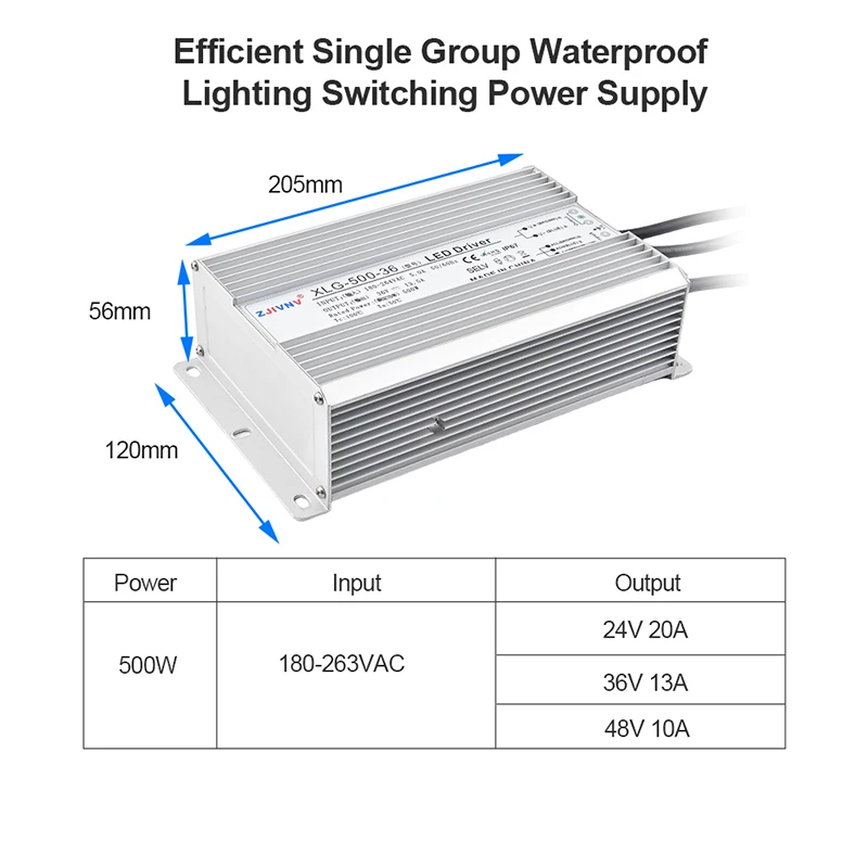 DC 24V 36V 45V 48V 500W Power Supply AC 220V IP67 Waterproof Transformers LED Driver Constant voltage and current XLG-500