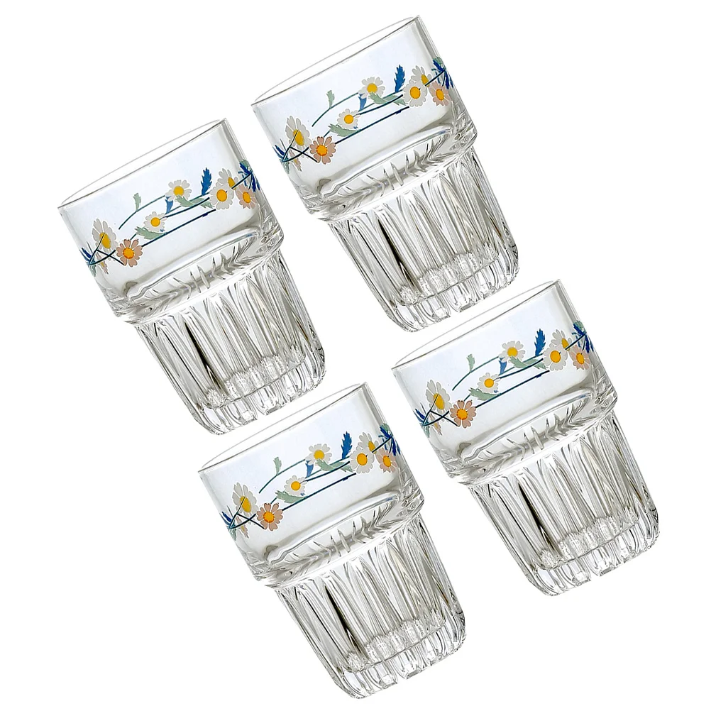

4Pcs Daisy Pattern Glass Drinking Cups Pastoral Style Retro Transparent Beverage Coffee Juice Cups Portable