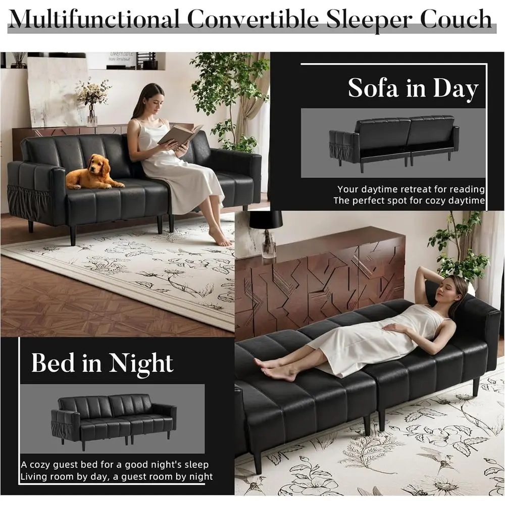 أريكة فوتون حديثة من الجلد الصناعي في منتصف القرن، قابلة للتحويل مع مسند ظهر قابل للتعديل، وجيب تخزين، وإطار خشبي وفولاذي، باللون الأسود #4