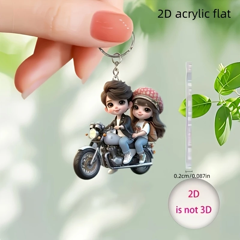 2D Flat Couple Motorcycle Keychain – Acrylic Pendant, Bright Colors, Ideal Gift for Christmas Tree & Party Decoration