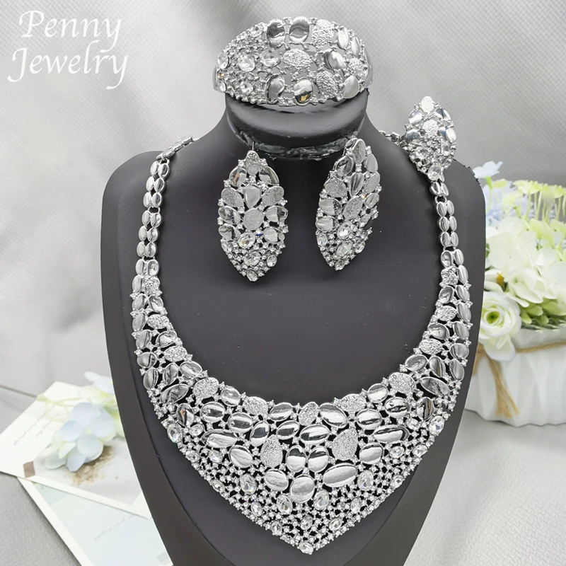 Luxury Silver Color Italian Exaggerated 4Pcs Jewelry Sets Collar Choker Necklace Drop Earrings Bracelet Ring Wedding Party Gifts