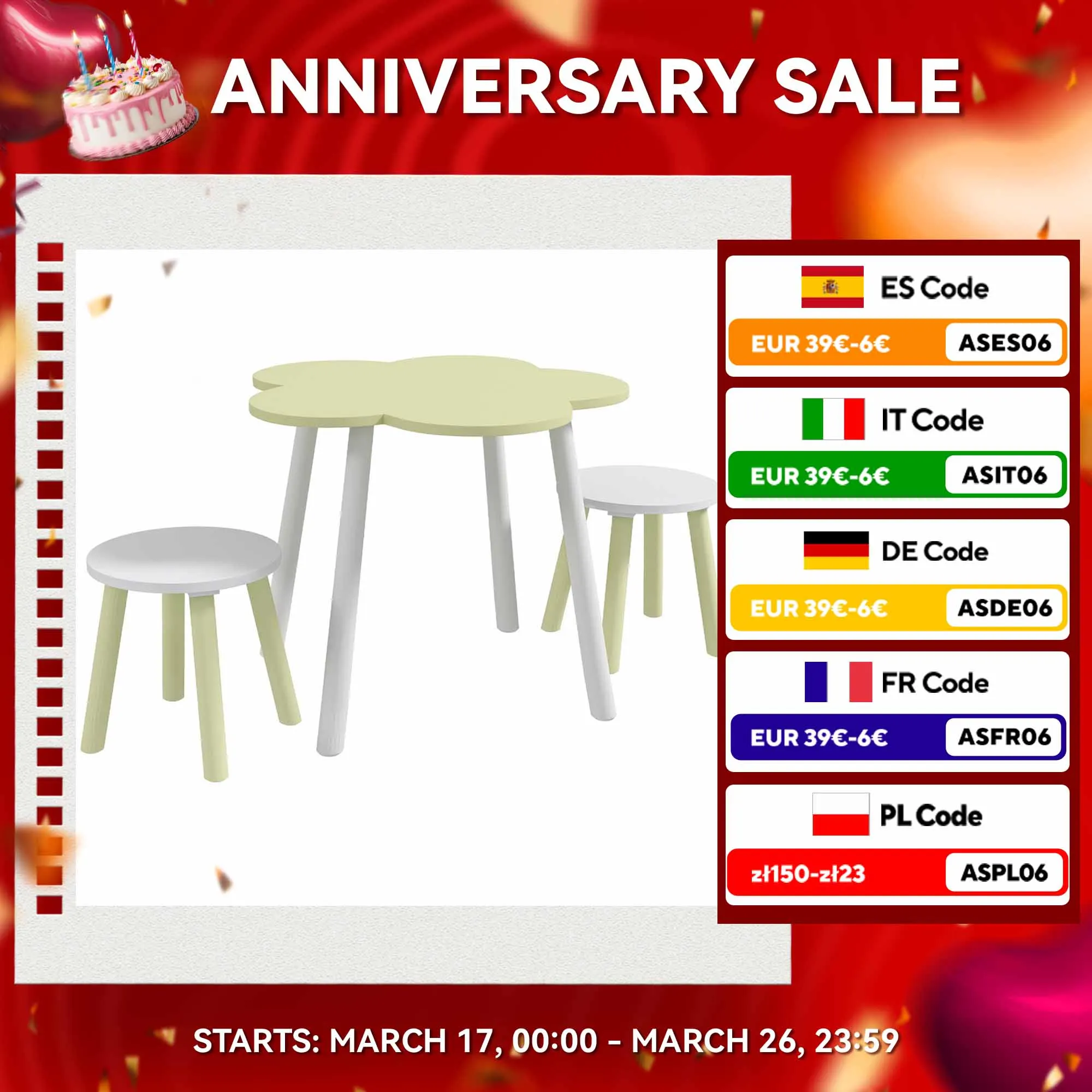 ZONEKIZ set tavolo e 2 sedie tavolo diametro 59x50 cm e sedie x 28x26 cm torta verde