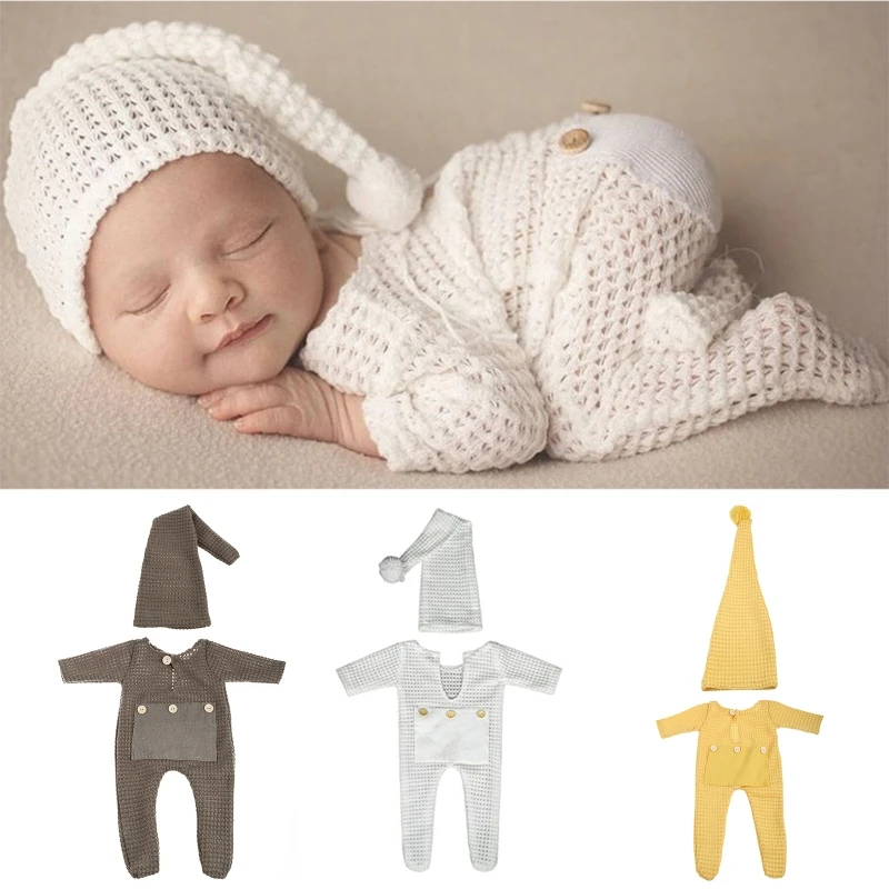 2 Pcs Newborn Photography Props Crochet Outfit Baby Romper Hat Set Infants Photo   Cap Jumpsuit Bodysuit Clothing