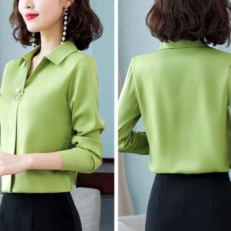 2024 New Spring and Autumn Commuter Minimalist Long Sleeve Chiffon Blouses Solid Color Polo Collar Button Women\'s Shirt Top