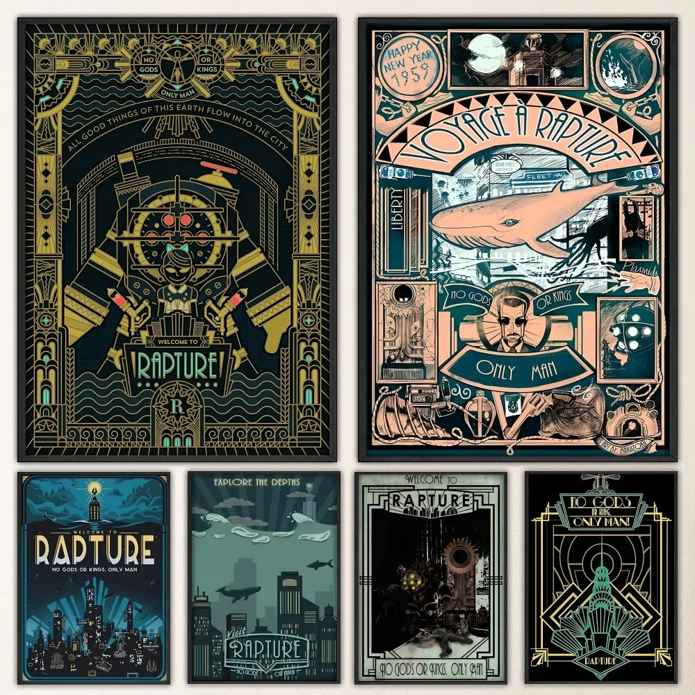 Bioshock Rapture póster de videojuegos, póster de lujo, sala de estar pegatina de pared para, Bar, pintura decorativa Vintage, medio
