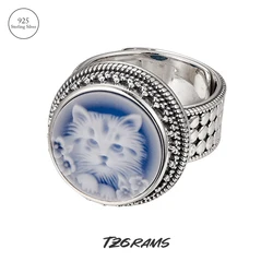 TZgrams Cute Cat cammeo Rings for Women Blue Agate White Shell Real 925 Silver Round Vintage Statement Ring Fashion Fine Jewelry