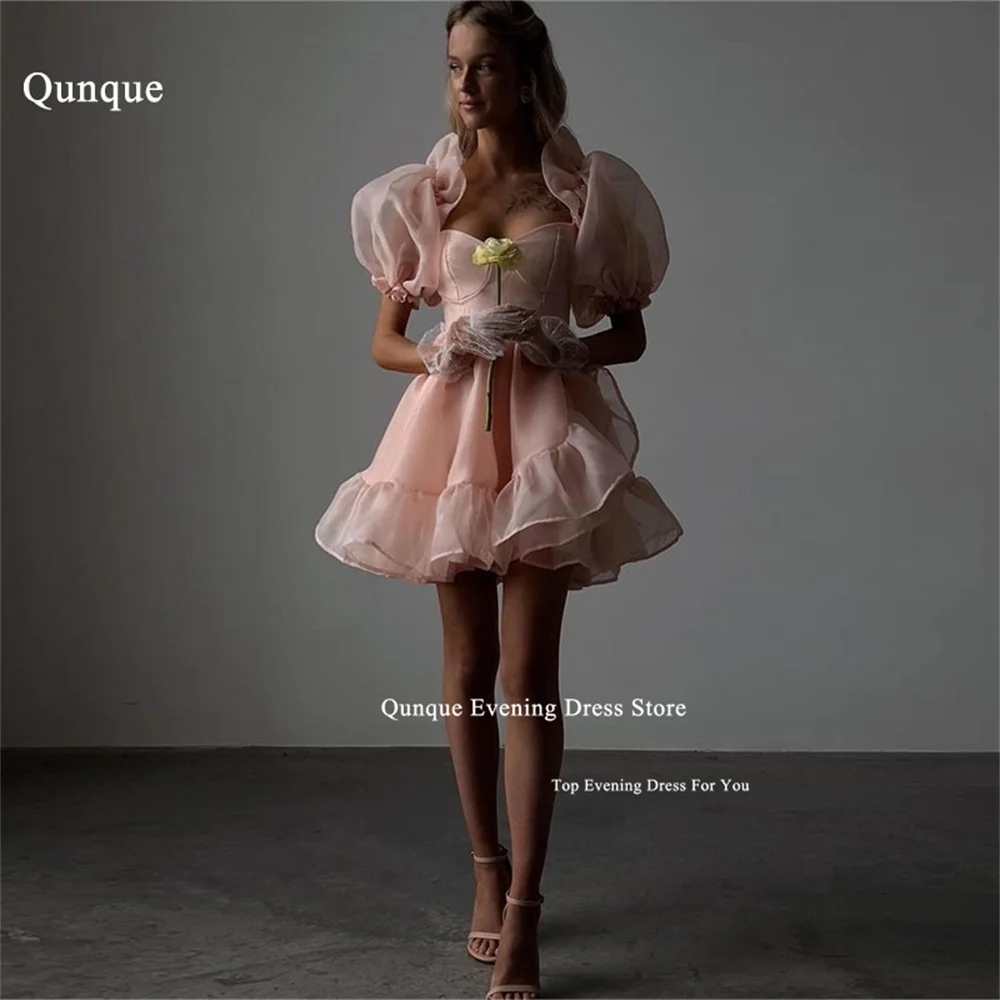 

Qunque Organza Mini Homecoming Dresses Pink Sweetheart Puff Sleeves Short Prom Dresses for Teen 18 Vestidos De Fiesta Customized