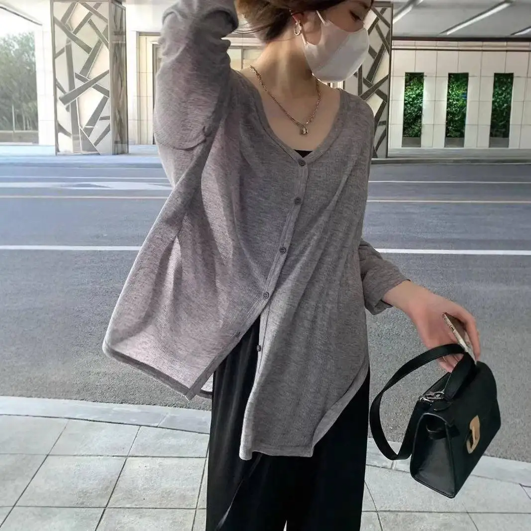 Elegant V-neck Button Cardigan Long Sleeve Women's Top Polyester Fabric Iron-free Processing Spring Collection