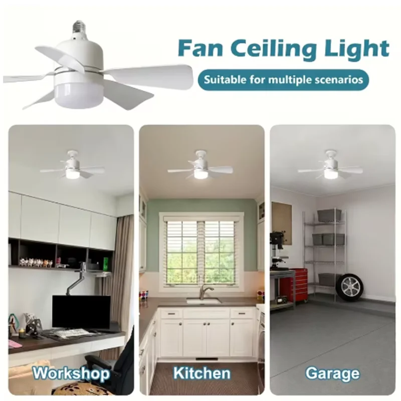 2026 20.5 Inch Small Ceiling Fan Light, E26/E27 Cordless Socket Screw Fan with Remote for Kitchen Dorm