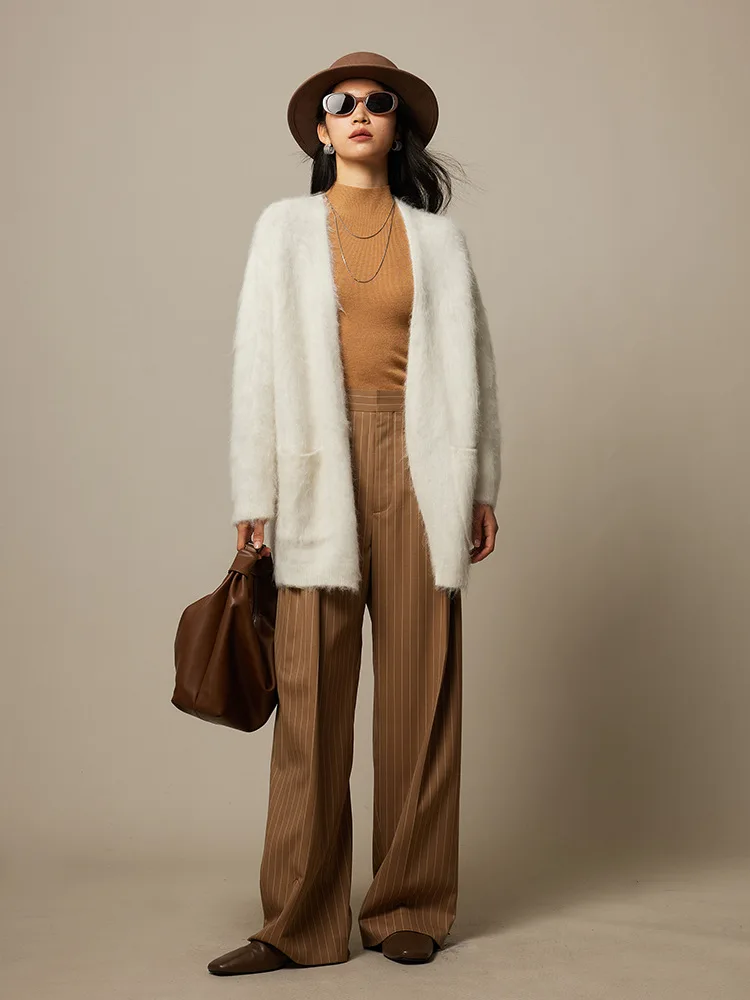 SuyaDream, Women Long Cardigans, 59%Alpaca,  Open Stitch Solid Hairy Sweaters, 2023 Fall Winter Warm Jackets, Caramel