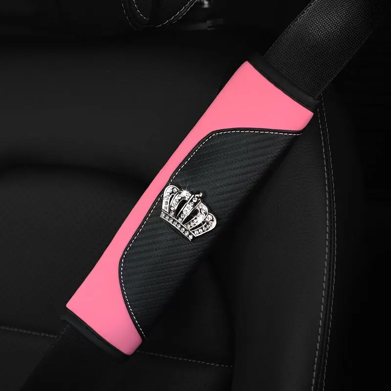 Car Accessories Seat Belt PU Leather Seat Belt Shoulder Cover Comfortable Flash Diamond Inlaid Crown Protect Seat Belt Liner