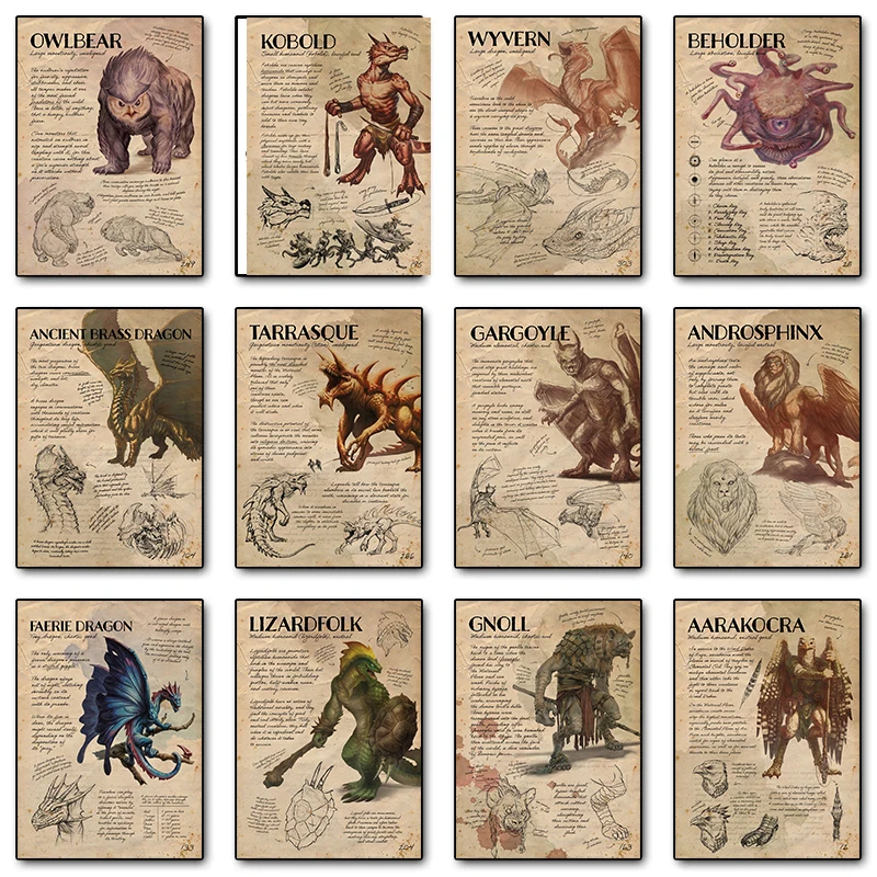 Pósteres de juego Manual Retro D & D Monster, impresión en lienzo de mazmorras y dragones, imagen artística de pared para sala de juegos, regalos de decoración del hogar