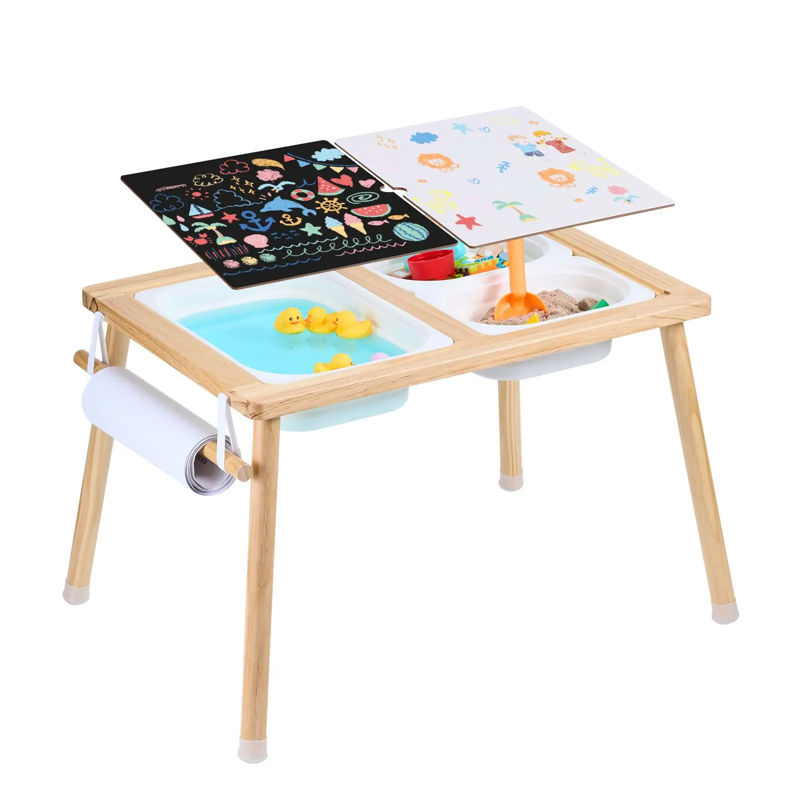Sensory Table for Toddlers, Kids Activity Table with 3 Foldable Storage Bins & Paper Roll Holder, Indoor/Outdoor Play Sand and Water Table, Wooden Kids Sensory Drawing Table, Gift for Boys Girls
