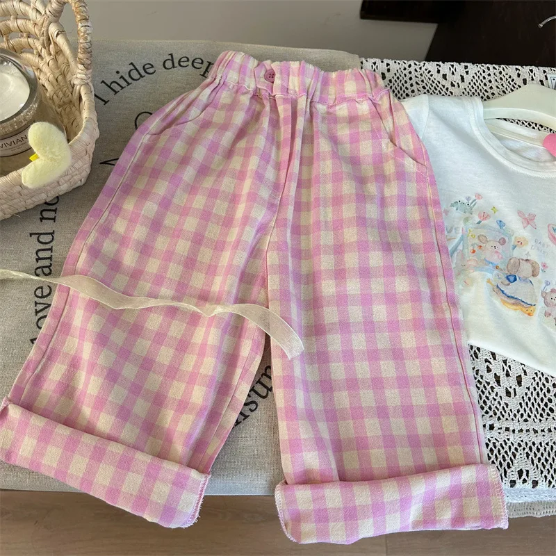 2 pezzi ragazze estate cartone animato t-shirt + rosa stampa Plaid pantaloni bambini Casual Pullover abiti Tees morbido Versatile Daliy