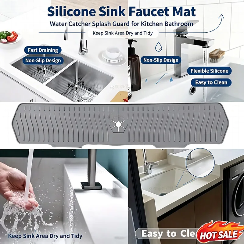 Silicone Faucet Water Catcher Mat Sink Splash Pad Long Countertop Protector Mat For Kitchen Bathroom Household Accessories