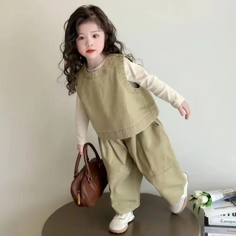 Girls Spring Autumn Vest Suit 2026 New Korean Style Kids Casual Three Piece Set Clothing