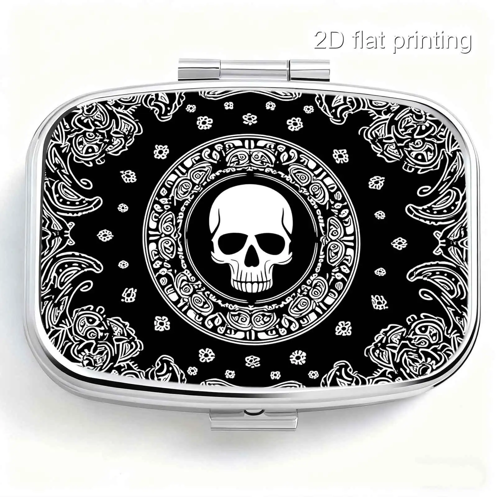 1pc flat printing tribal pattern surrounding skull black and white art design square two-compartment small pill box, portable medicine storage, small jewelry storage, suitable for handbags or travel, elegant design, polished finish