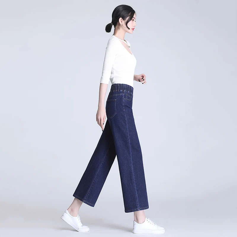 Spring Summer New Thin Denim Baggy Jeans Women Ankle Length Stretch High Waist Wide Legs Casual Nine Points Denim Pants