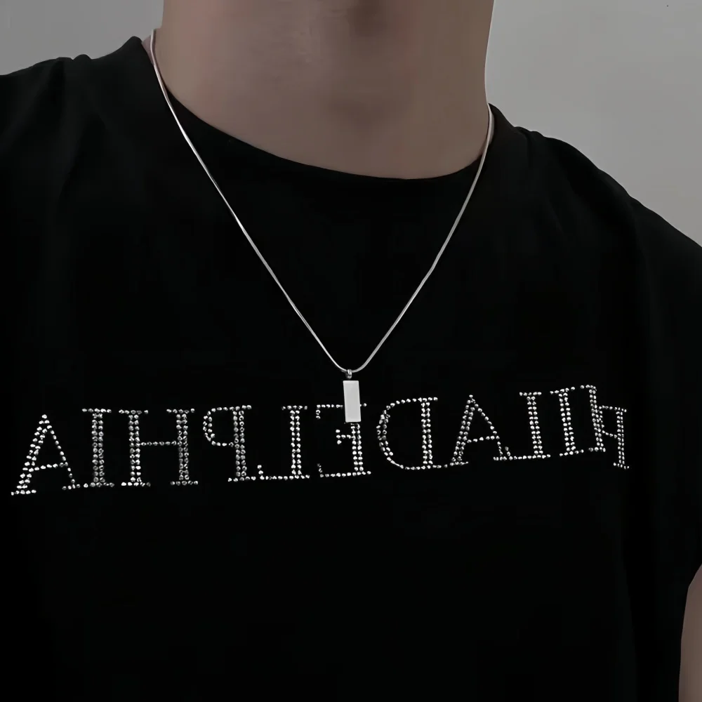 Silberfarbene Einfache Quadratische Anhänger-Halskette Retro Edelstahl Lange Herren-Halskette Mode Hip-Hop-Schmuck Trendige Accessoires – Detail 2