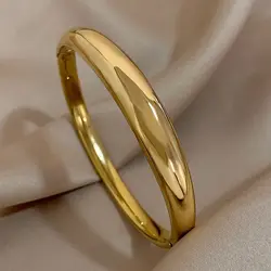 Minimalist Smooth Chunky Cuff Bangles for Women Stainless Steel Gold Silver Color Round Circle Bracelets Waterproof Jewelry