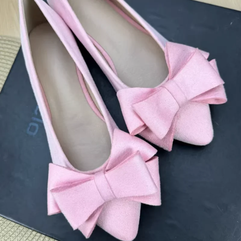 Female Flock Big Bow Small Tip Shoes Sweet Lovely Pinkish Purple Yellow Outdoor Dress Flats Summer Slip-On Breathable 48 33 34