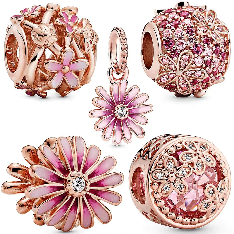 New rose gold pink daisy charm fit pandora bracelet zircon beads 925 sterling silver woman luxury jewelry pendant gift making