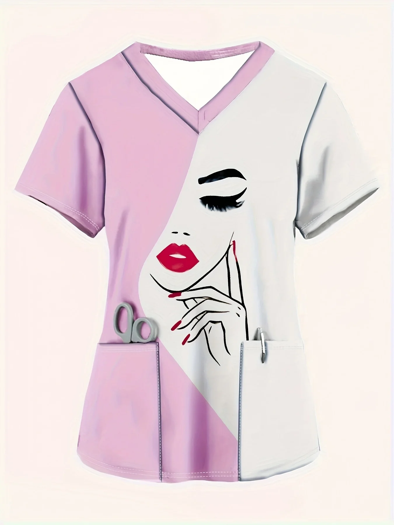 女性のエレガントな V ネック トップ、スタイリッシュな女性のポートレート デザイン - 半袖ナース ユニフォーム、快適でカジュアル、ポケット付き