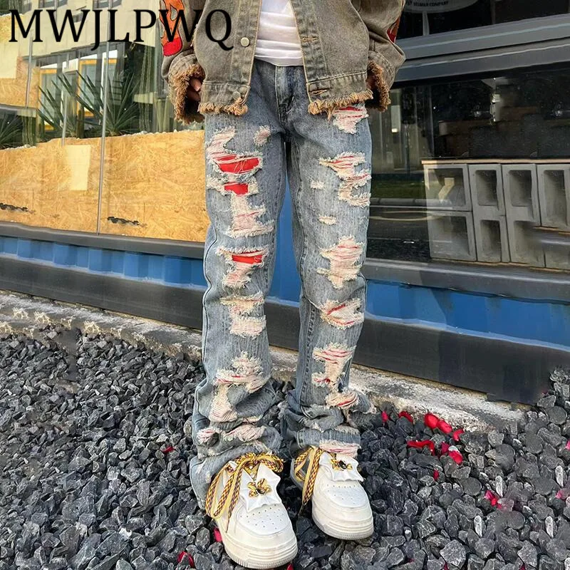 

MWJLPWQ Американские потертые рваные джинсы High Street унисекс, индивидуальные универсальные мужские осенние утягивающие длинные брюки Tide 12747
