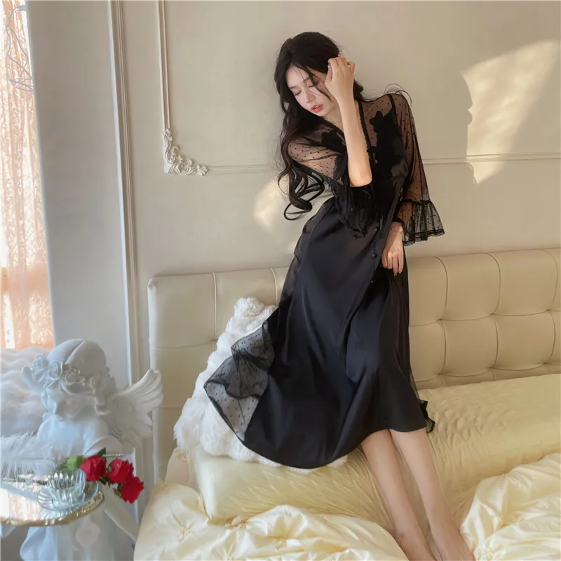 Lace Nightdress Princess Homewear Palace Style Nightgown Women Long Sleeve Sleepwear Loungewear Sexy Lace Mesh Nightwear