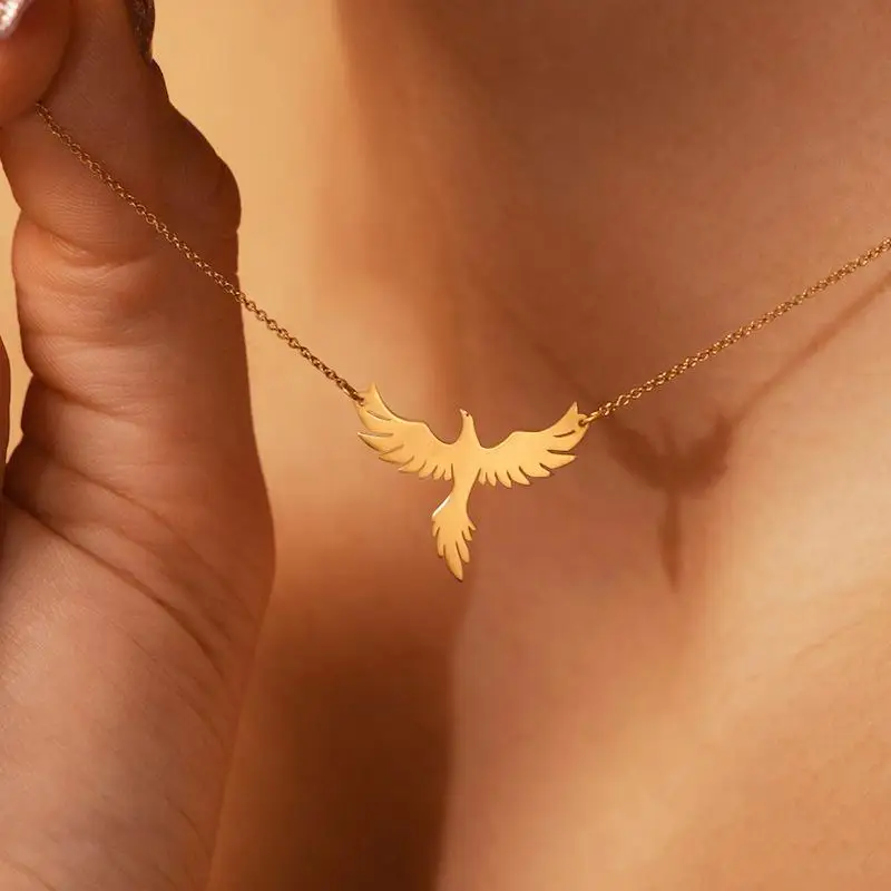 Dainty Rising Phoenix Pendant Necklace Stainless Steel Gold Plated Silver Fantasy Bird Charm
