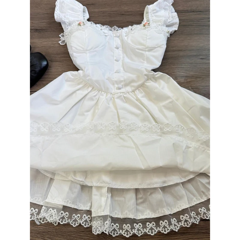 Lolita princesa doce vestido branco feminino renda aparada manga bufante vestido em camadas retalhos macio estilo bonito vestidos finos