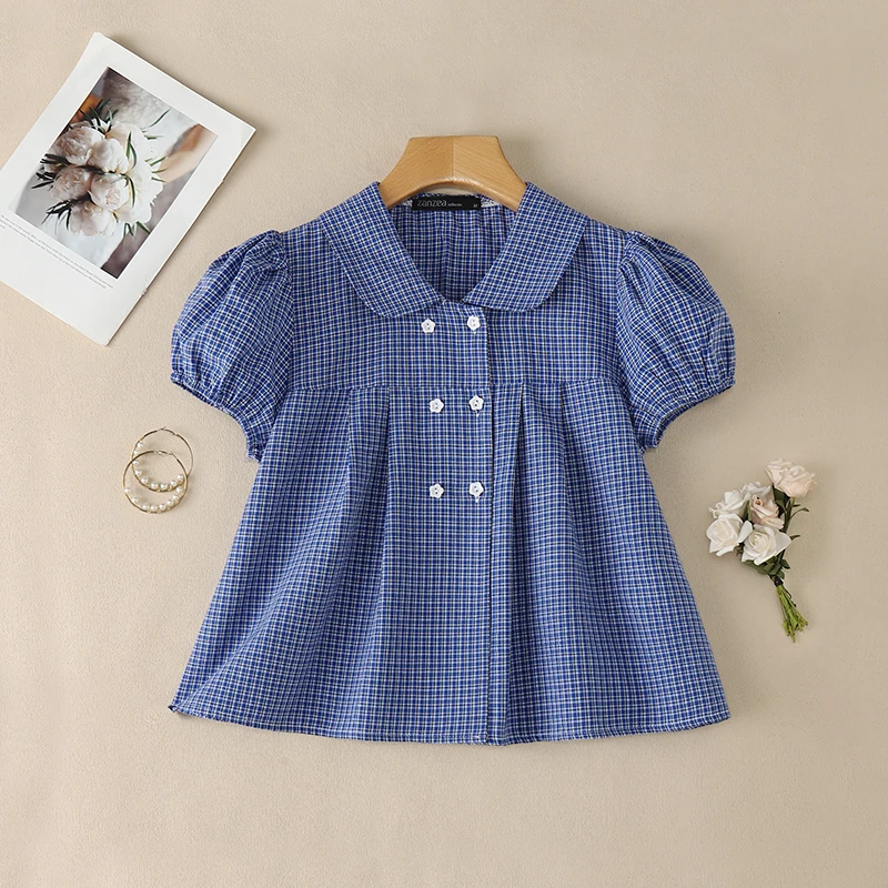 

2026 Summer Plaid Shirt ZANZEA Elegant Women Short Puff Sleeve Work Blouse Lapel Neck Buttons Blusas Stylish Holiday Tops Femme